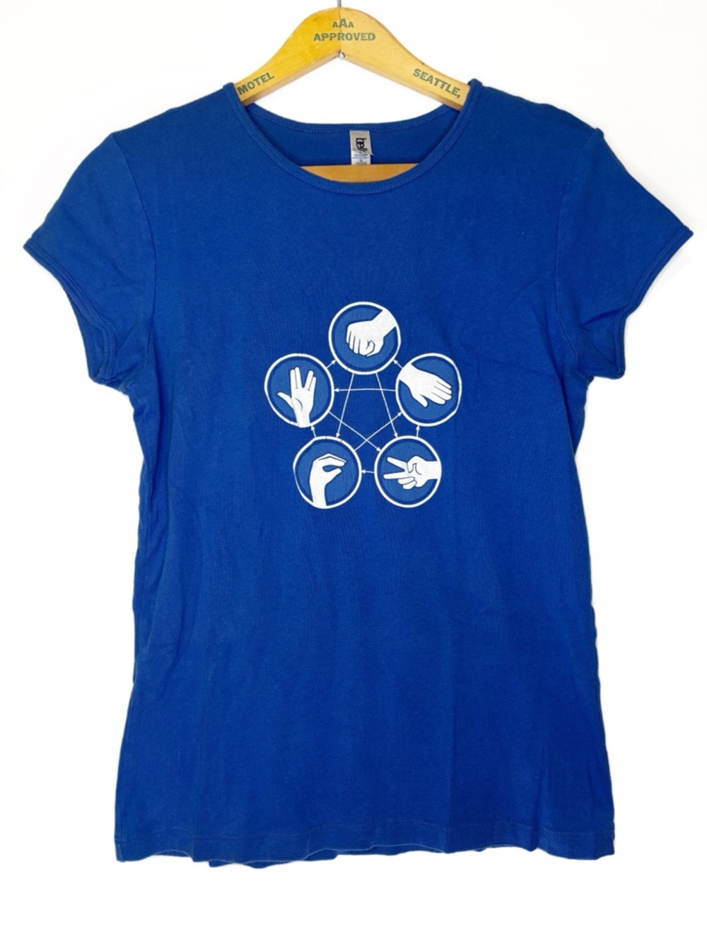 Blue Big Bang Theory / Star Trek Tee - Rock, Paper, Scissors, Lizard, Spock -L-